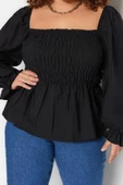 Stil Kadın Gipeli Bluz Crop Dokuma Fitted Kalıp Büyük Beden Büzgülü/Fırfırlı Kol - 2