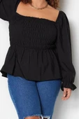 Stil Kadın Gipeli Bluz Crop Dokuma Fitted Kalıp Büyük Beden Büzgülü/Fırfırlı Kol - 5
