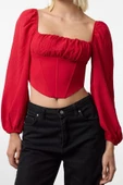 Stil Kadın Korse Detaylı Bluz Crop Dokuma Fitted Kalıp - 1