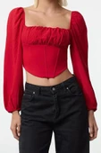 Stil Kadın Korse Detaylı Bluz Crop Dokuma Fitted Kalıp - 2