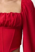 Stil Kadın Korse Detaylı Bluz Crop Dokuma Fitted Kalıp - 5