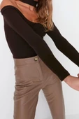 Stil Kadın Carmen Yaka Choker Detaylı Fitted Vücuda Oturan Fitilli Bluz Crop Örme Slim Kalıp - 5