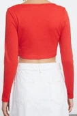 Stil Kadın Biye Detaylı Fitted Vücuda Oturan İnterlok Bluz Crop Örme Slim Kalıp - 4