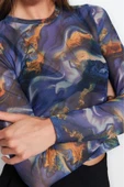 Stil Kadın Baskılı Tül Fitted Vücuda Oturan Esnek Bluz Crop Örme Slim Kalıp - 1