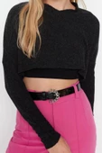 Stil Kadın Kol Triko Görünümlü Bluz Super Crop Örme Relaxed Kalıp Düşük Kol - 5