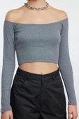Stil Kadın Fitted Vücuda Oturan Fitilli Esnek Bluz Super Crop Örme Slim Kalıp Düşük Kol - 3