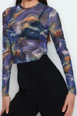 Stil Kadın Baskılı Tül Fitted Vücuda Oturan Esnek Bluz Crop Örme Slim Kalıp - 2