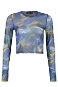 Stil Kadın Baskılı Tül Fitted Vücuda Oturan Esnek Bluz Crop Örme Slim Kalıp - 3