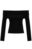 Stil Kadın Triko Görünümlü Fitted Vücuda Oturan Crop Madonna Yaka Bluz Regular Slim Kalıp Düşük Kol - 3