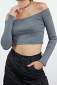 Stil Kadın Fitted Vücuda Oturan Fitilli Esnek Bluz Super Crop Örme Slim Kalıp Düşük Kol - 1