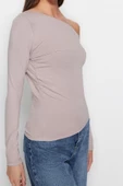 Stil Kadın Büzgülü Fitted Vücuda Oturan Pamuklu Esnek Bluz Regular Örme Slim Kalıp Düşük Kol - 4