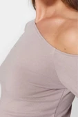 Stil Kadın Büzgülü Fitted Vücuda Oturan Pamuklu Esnek Bluz Regular Örme Slim Kalıp Düşük Kol - 2
