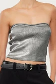 Stil Kadın Varaklı Straplez Yaka Bluz Crop Triko Slim Kalıp - 1