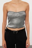 Stil Kadın Varaklı Straplez Yaka Bluz Crop Triko Slim Kalıp - 2