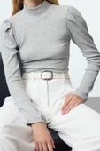 Stil Kadın Fitted Vücuda Oturan lu Fitilli Esnek Bluz Regular Örme Slim Kalıp Balon Kol - 1