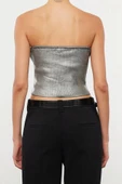 Stil Kadın Varaklı Straplez Yaka Bluz Crop Triko Slim Kalıp - 4