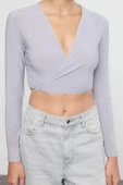 Stil Kadın Yaka Fitted Vücuda Oturan Esnek Bluz Crop Örme Slim Kalıp - 3