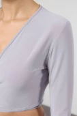 Stil Kadın Yaka Fitted Vücuda Oturan Esnek Bluz Crop Örme Slim Kalıp - 5