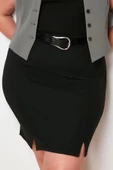 Moda Büyük Beden Kalem Düz Desen Günlük Mini Boy Yırtmaç Detaylı Örme Etek - 4