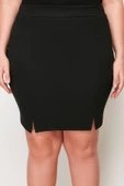 Moda Büyük Beden Kalem Düz Desen Günlük Mini Boy Yırtmaç Detaylı Örme Etek - 5