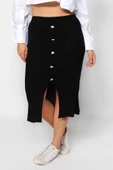 Moda Büyük Beden Regular Düz Desen Resmi Midi Boy Gold Düğme Detaylı Fitilli Triko Etek - 4