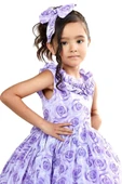 Kız Çocuk Yakası ve Etek Ucu Fırfırlı Üzeri Gül Baskılı Kolsuz Lila Elbise thumbnail 7