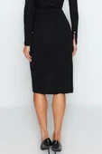 Moda Slim Fit Düz Desen Gündüz Gece Midi Boy Smart Krep Düğmeli Midi Yırtmaçlı Esnek Örme Etek - 5