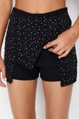 Moda Fitted Düz Desen Şık Gece Mini Boy Parlak Taşlı Dokuma Şort Etek - 5