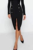 Moda Slim Fit Düz Desen Gündüz Gece Midi Boy Smart Krep Düğmeli Midi Yırtmaçlı Esnek Örme Etek - 3