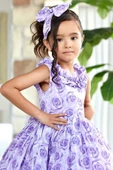 Kız Çocuk Yakası ve Etek Ucu Fırfırlı Üzeri Gül Baskılı Kolsuz Lila Elbise thumbnail 3