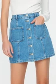 Moda A-line Düz Desen Günlük Mini Boy Dikiş Detaylı Denim Etek - 3