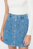 Moda A-line Düz Desen Günlük Mini Boy Dikiş Detaylı Denim Etek - 4