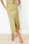 Moda Düz Desen Günlük Midi Boy Premium Önden Yırtmaçlı Midi Boy Dokuma Etek - 4