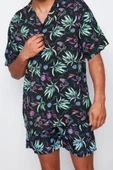 Moda Erkek Apaş Yaka Baskılı Desen Günlük Oversize Fit %100 Viskon Kısa Kollu Dökümlü Yazlık Gömlek - 4