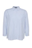 Moda Kadın Büyük Beden Gömlek Yaka Çizgili Desen Günlük Çizgili Poplin Gömlek - 1