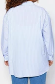 Moda Kadın Büyük Beden Gömlek Yaka Çizgili Desen Günlük Çizgili Poplin Gömlek - 6