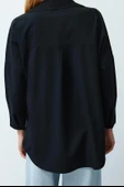 Moda Kadın Dik Yaka Düz Desen Günlük Oversize Dokuma Gömlek - 4