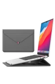 Macbook Air 13.6 Inç M2-m3 Çip 2022/2024 A2681 A3113 Uyumlu Deri Tasarım Standlı Taşıma Çanta  13 - 14,9 inç GRİ thumbnail 1