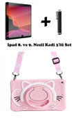 Ipad 8. Ve 9. Nesil 10.2 Inç 2020 / 2021 Uyumlu Kedi Kılıf Standlı Askılı Eğlenceli 3'lü Set  PEMBE - 1
