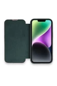Apple Iphone 14 Pro Max Uyumlu Kapaklı Kılıf Parmak Izi Bırakmaz Dışı Deri Içi Süet Tasarım Kılıf  Koyu Yeşil - 2