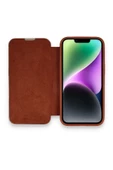 Apple Iphone 14 Pro Uyumlu Kapaklı Kılıf Parmak Izi Bırakmaz Dışı Deri Içi Süet Tasarım Kılıf  Kahverengi - 1