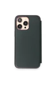 Apple Iphone 14 Pro Max Uyumlu Kapaklı Kılıf Parmak Izi Bırakmaz Dışı Deri Içi Süet Tasarım Kılıf  Koyu Yeşil - 3
