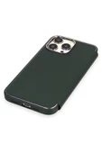 Apple Iphone 14 Pro Uyumlu Kapaklı Kılıf Parmak Izi Bırakmaz Dışı Deri Içi Süet Tasarım Kılıf  Koyu Yeşil - 6