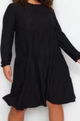 Moda Stil Relaxed Bisiklet Yaka Mini Boy Büyük Beden Düz A-line Örme Elbise - 1