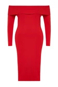 Moda Stil Fitted Carmen Yaka Midi Boy Büyük Beden Vücudu Saran Triko Elbise - 3