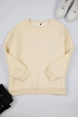 Büyük Beden Oversize Bisiklet Yaka Bej Rahat Kesim Basic Kalın polarlı Örme Sweatshirt - 1