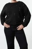 Büyük Beden Tarz Oversize Bisiklet Yaka Düşük Kol Regular Örme Sweatshirt - 1