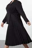 Moda Stil Relaxed Ceket Yaka Midi Boy Büyük Beden Pilise Etekli Dokuma Büyük Beden Ceket Elbise - 4