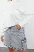 Büyük Beden Tarz Oversize Dik Yaka Düşük Kol Uzun Geniş Kalıp Örme Sweatshirt - 2