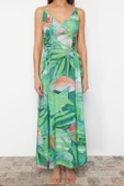 Moda Stil Relaxed V Yaka Maxi Boy Çiçek Desenli Dokuma Plaj Elbisesi - 3
